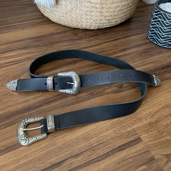 Accessories - Western Black Leather Double Buckle Belt